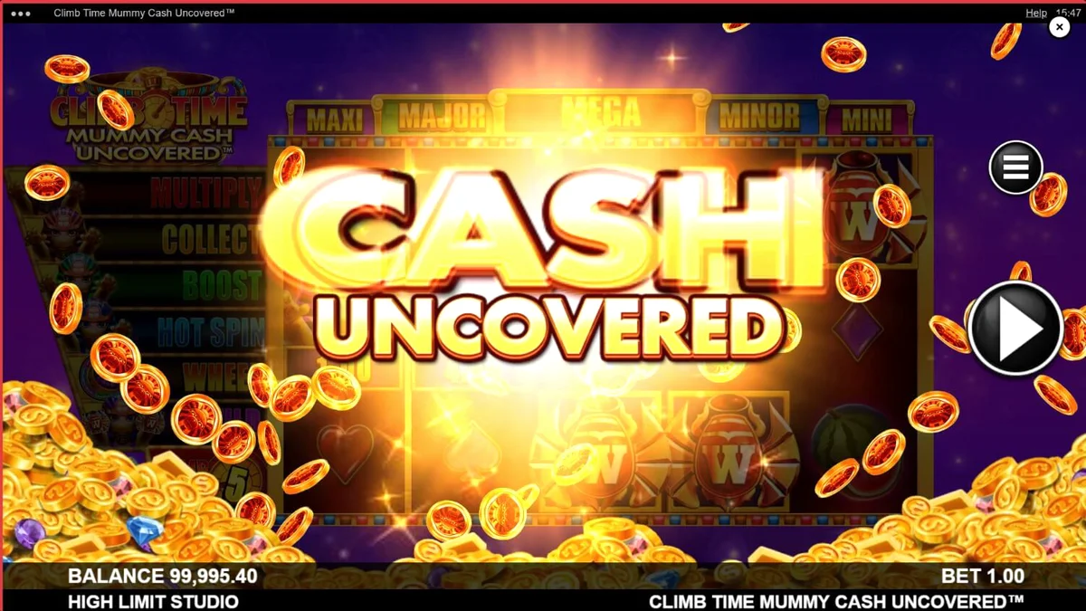 Interface do jogo Climb Time Mummy Cash Uncovered com tema egípcio moderno