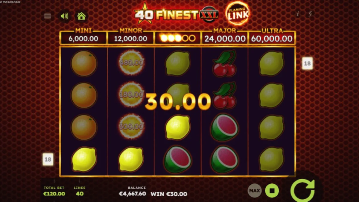Interface do jogo 40 Finest XXL Flaming Link com símbolos de frutas e fogo